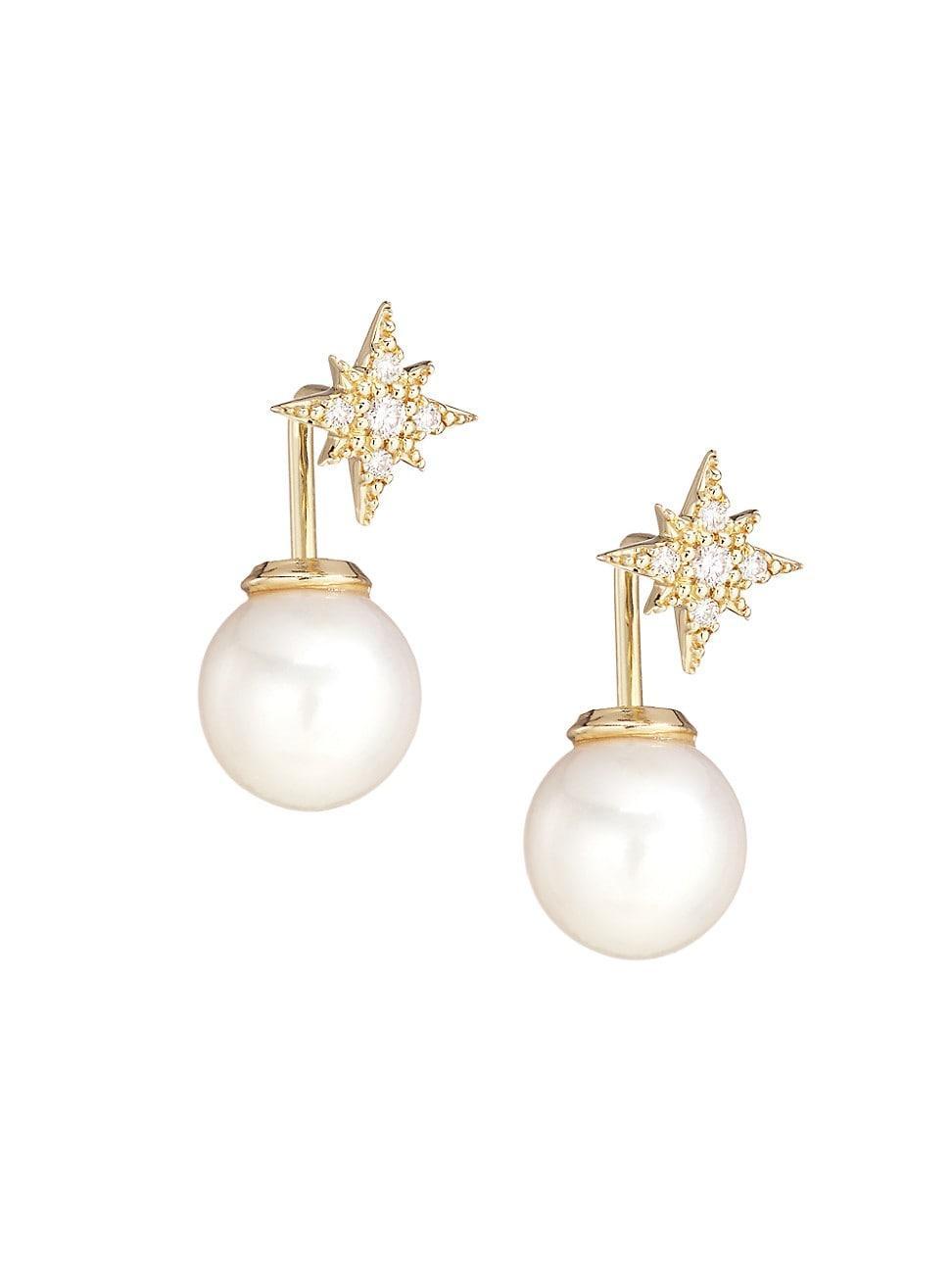 Womens 14K Gold Freshwater Pearl & Diamond Earrings Product Image