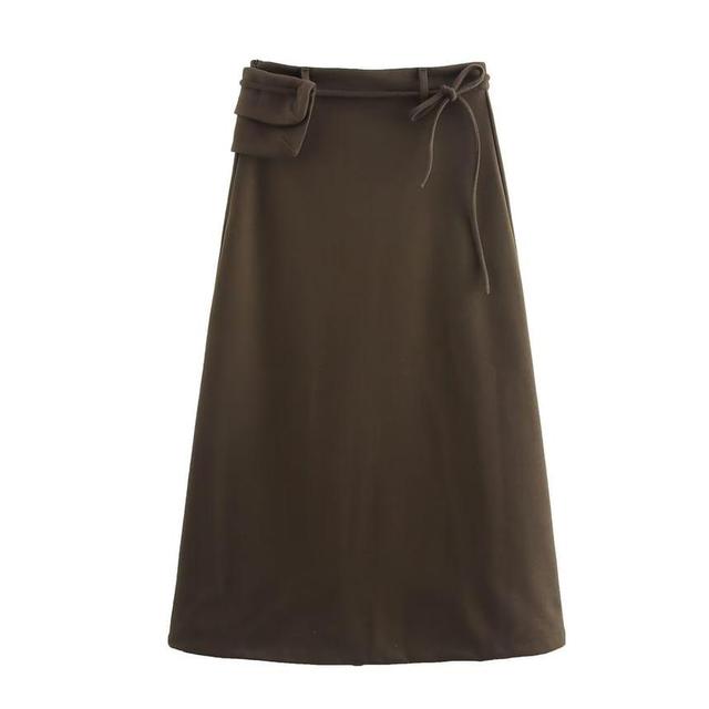 Drawstring Waist Plain Pocket Detail Midi A-Line Skirt Product Image