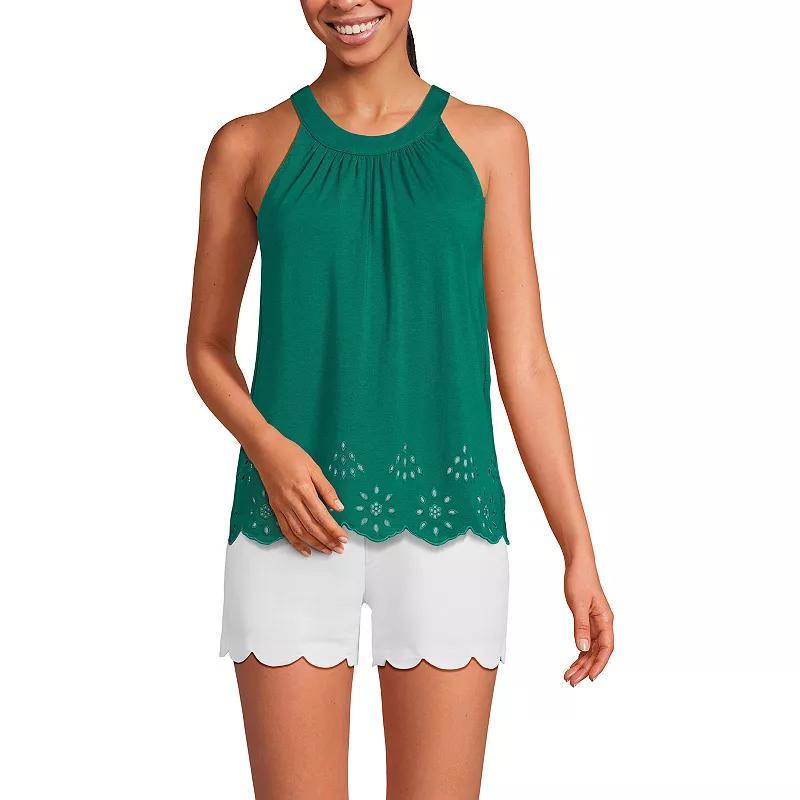 Womens Lands End Eyelet Trimmed Flowy Pleated High Neck Tank Top Product Image