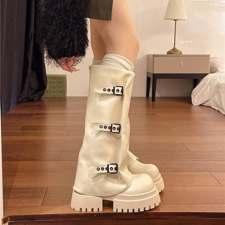 Platform Buckled Panel Knee High Boots Product Image