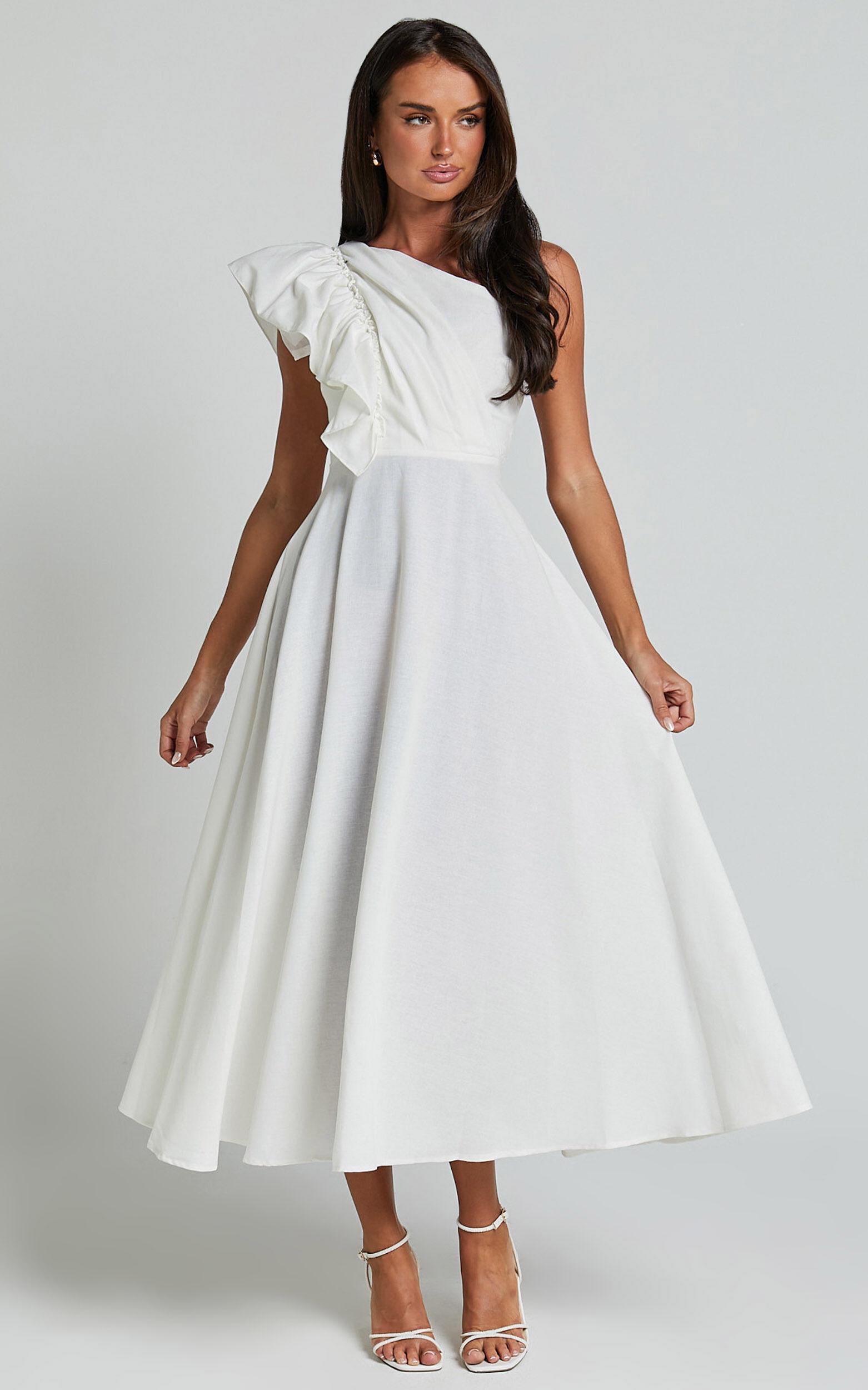 Dixie Midi Dress - Linen Look One Shoulder Ruffle Dress in White Product Image