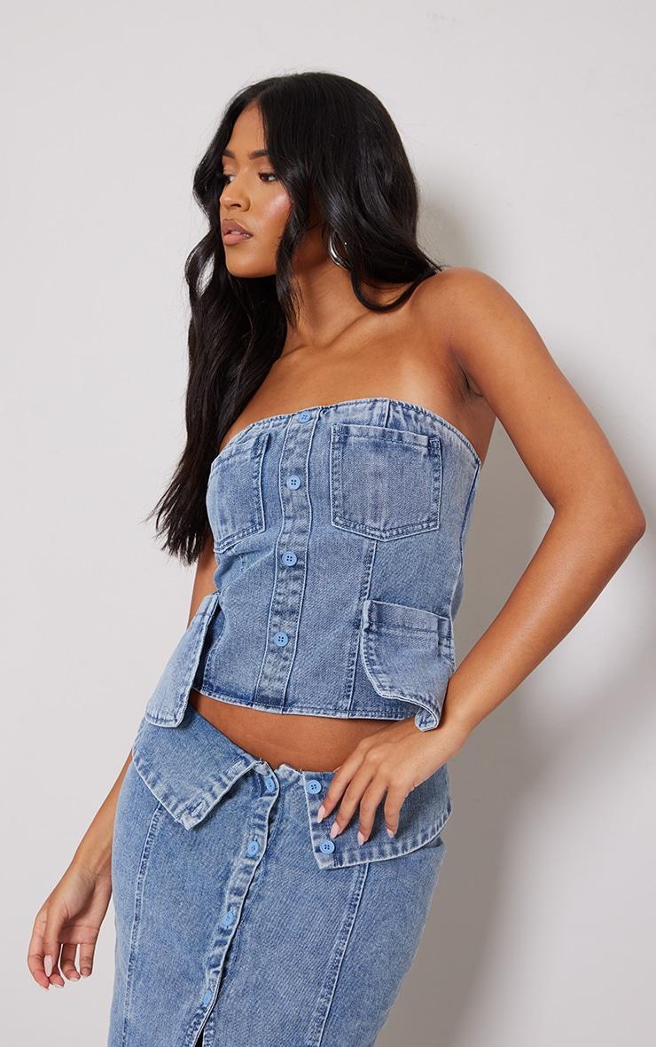 Tall Vintage Light Wash Denim Four Pocket Detail Bandeau Top Product Image