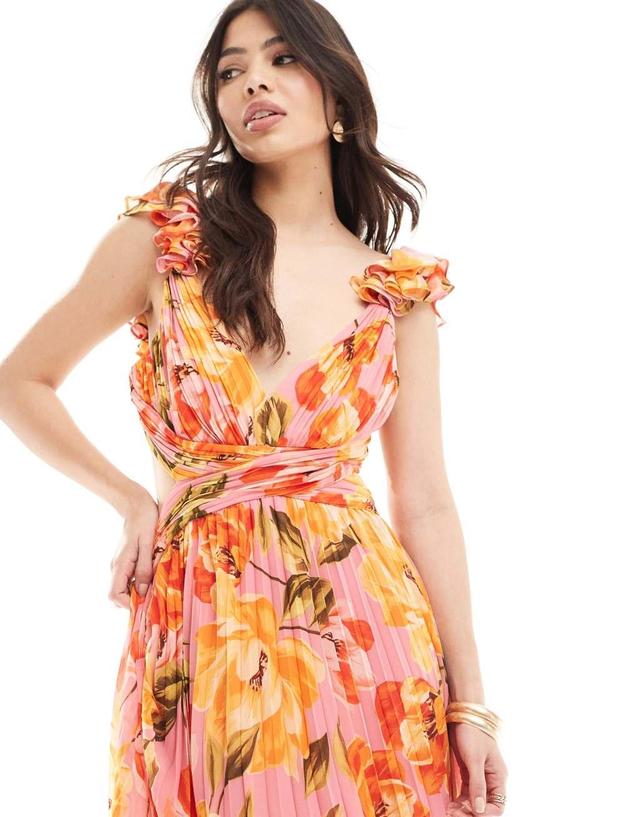 Ever New cut-out plisse maxi dress in orange and pink floral Product Image