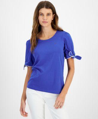 Women's Crewneck Short-Sleeve Tie-Cuff Top Product Image