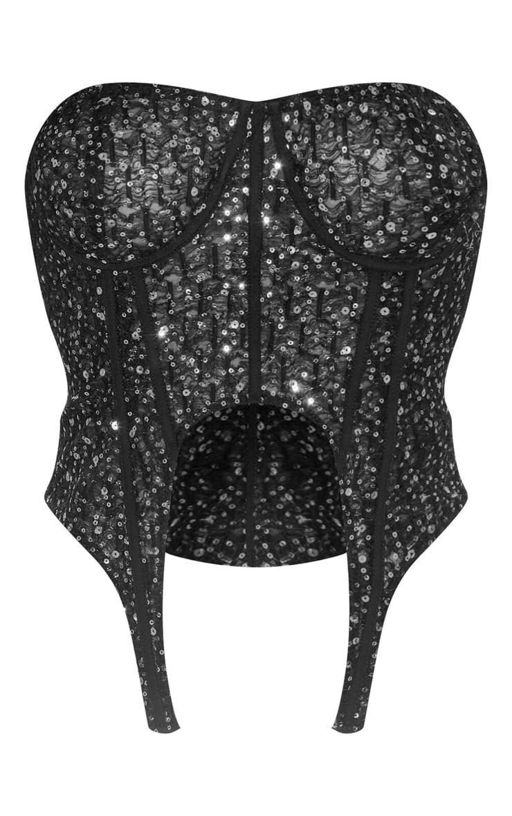 Black Sequin Detail Underwire Bust Point Hem Corset Product Image