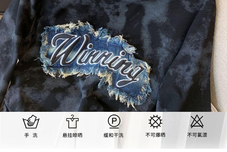 Long-Sleeve Crew Neck Tie Dye Lettering Applique Asymmetrical T-Shirt Product Image