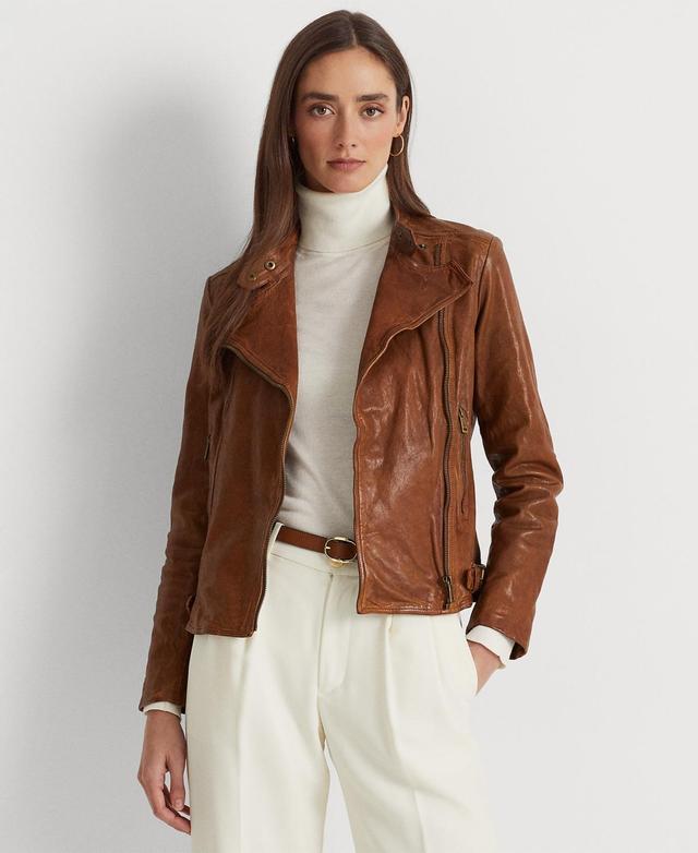 LAUREN Ralph Lauren Tumbled-Leather Jacket (Dark Walnut) Women's Jacket Product Image