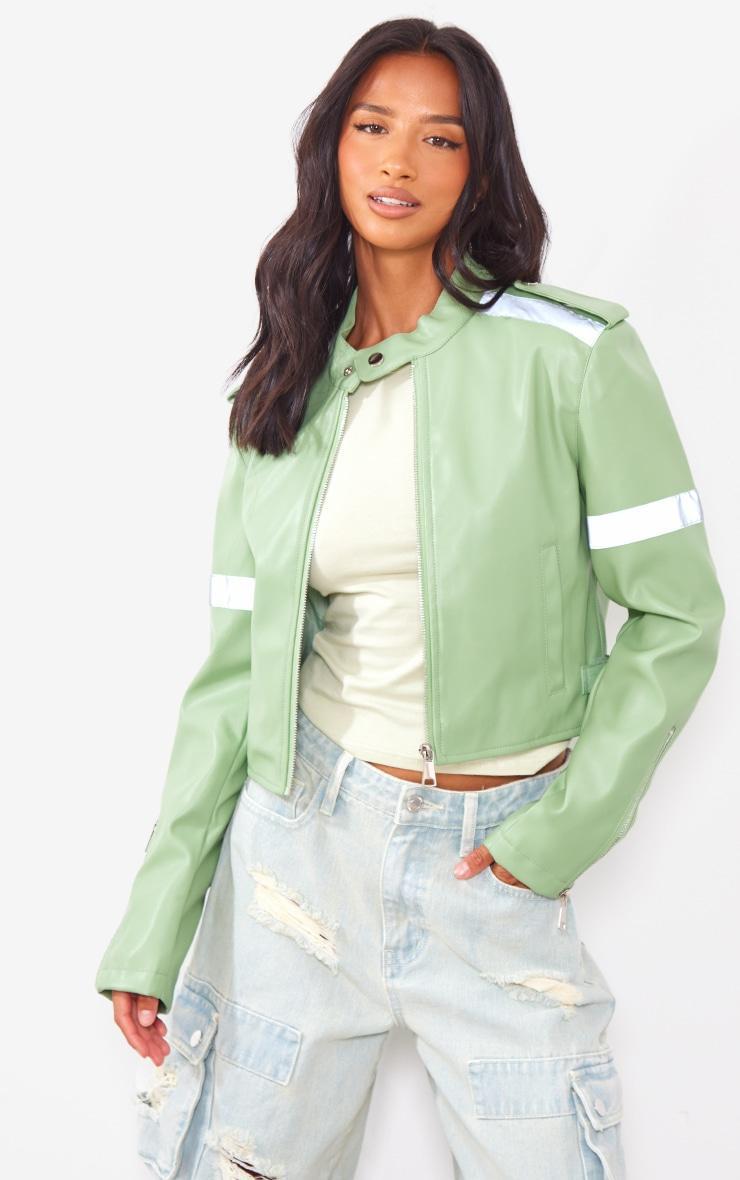 Petite Sage Green Cropped PU Racer Jacket Product Image