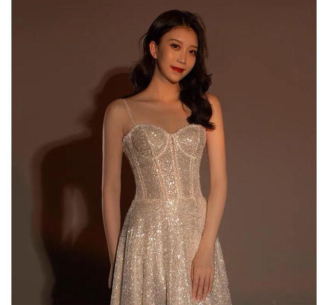 Spaghetti Strap Sweetheart Neckline Glitter Trained A-Line Evening Gown Product Image