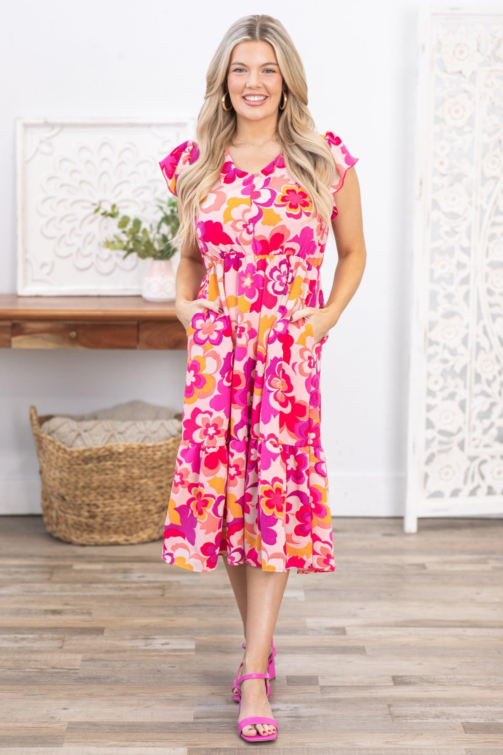 Fuchsia Floral Print Midi Dress Product Image