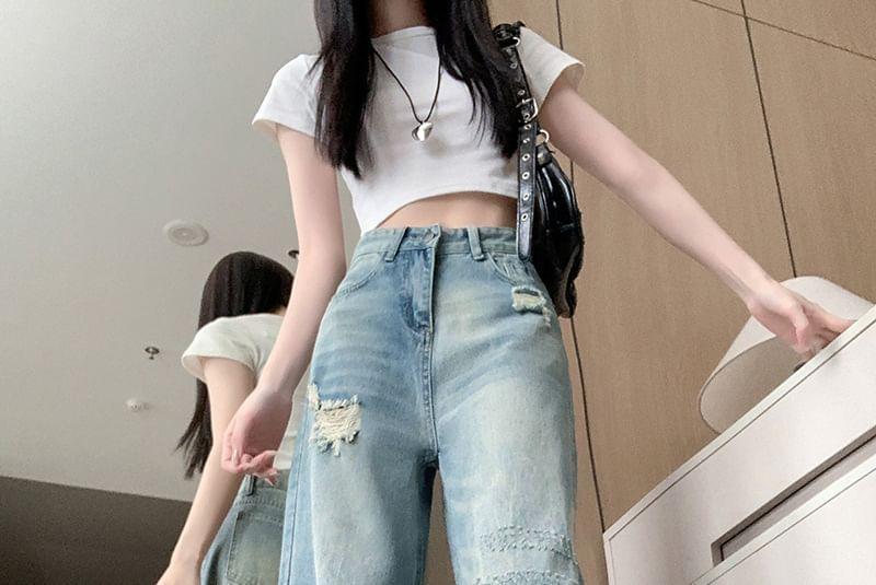 High Rise Washed Distressed Straight-Fit Wide-Leg Jeans Product Image