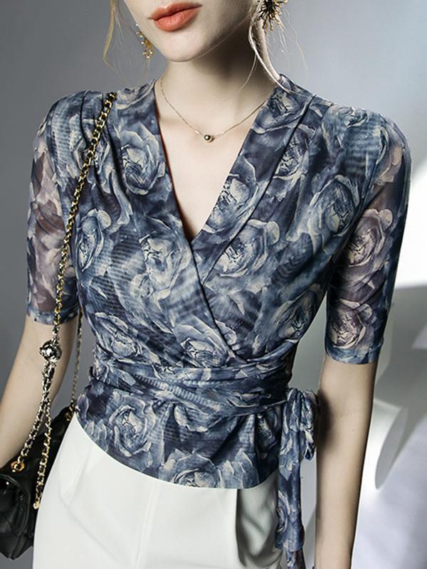 Half Sleeves Plus Size Flower Print Mesh Tied V-Neck Blouses&Shirts Tops Product Image