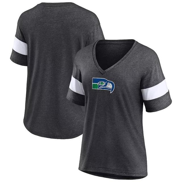 Womens Fanatics Branded Heathered Charcoal Seattle Seahawks Throwback Logo Tri-Blend Striped V-Neck T-Shirt Product Image