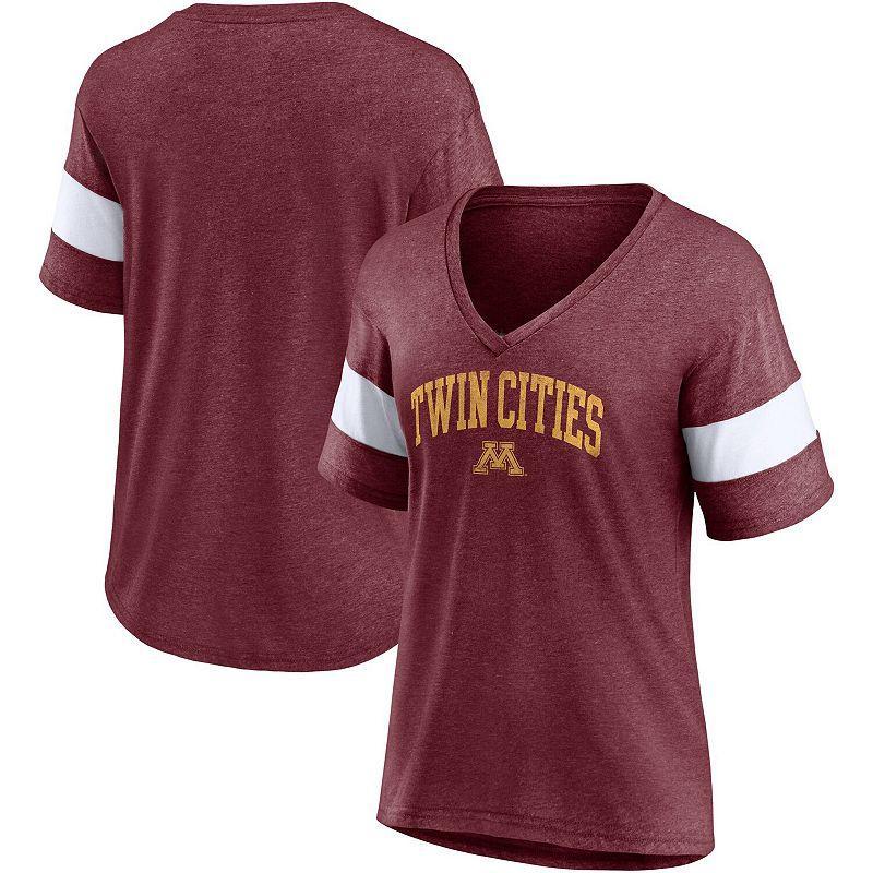 Womens Fanatics Branded Heathered Maroon Minnesota Golden Gophers Arched City Sleeve-Striped Tri-Blend V-Neck T-Shirt Product Image