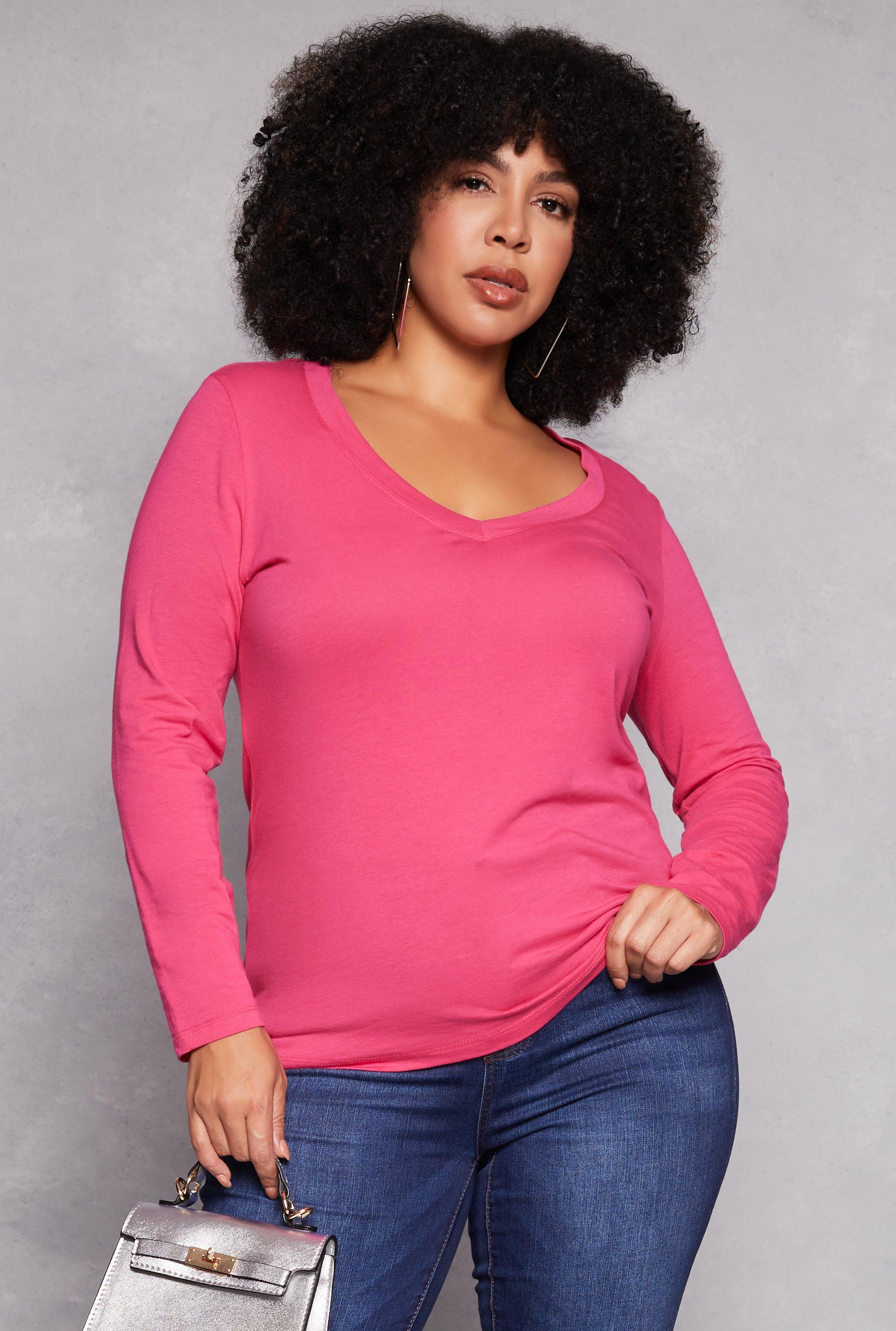 Womens Plus Size Basic Long Sleeve V Neck Tee Product Image