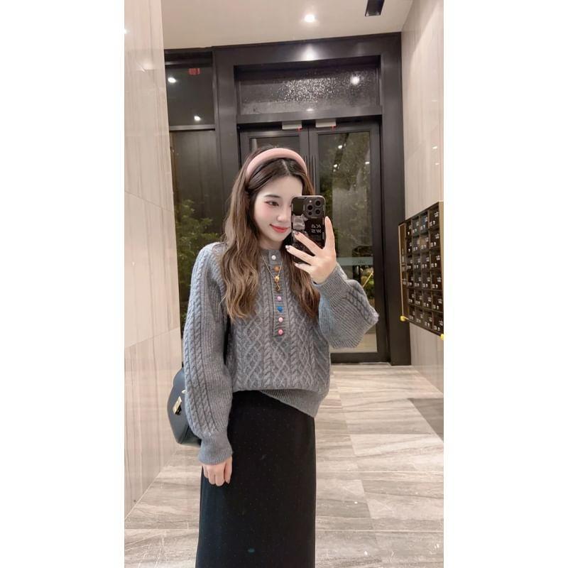 Round Neck Plain Cable Knit Half-Buttoned Sweater Product Image