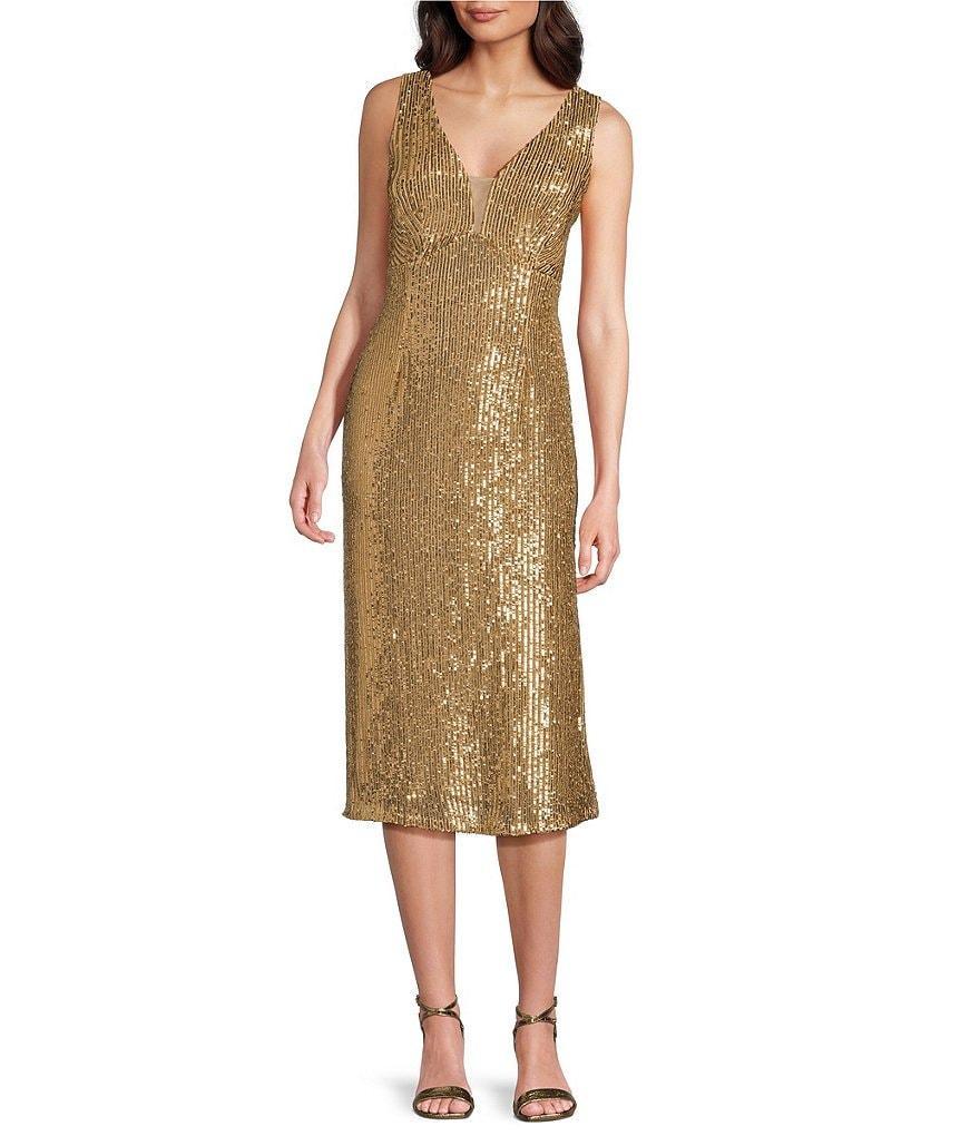 R & M Richards V-Neck Sleeveless Sequin Midi Sheath Dress Product Image