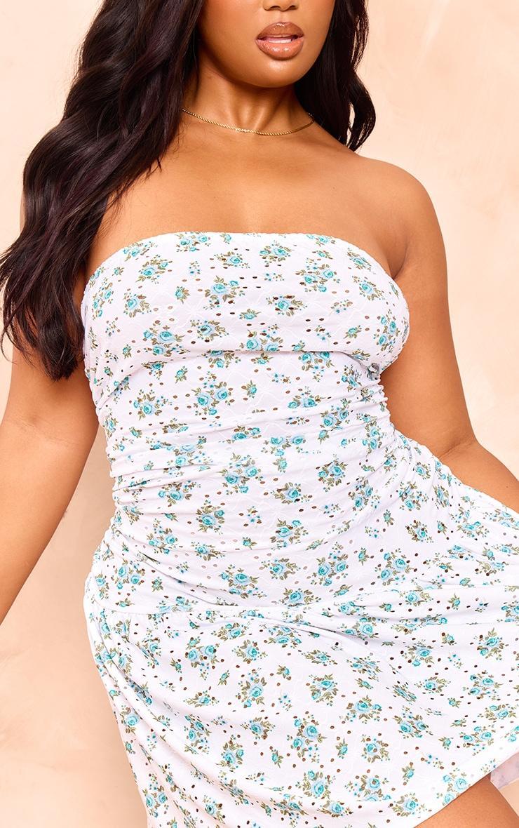 Plus Blue Floral Printed Broderie Frill Bandeau Bodycon Dress Product Image