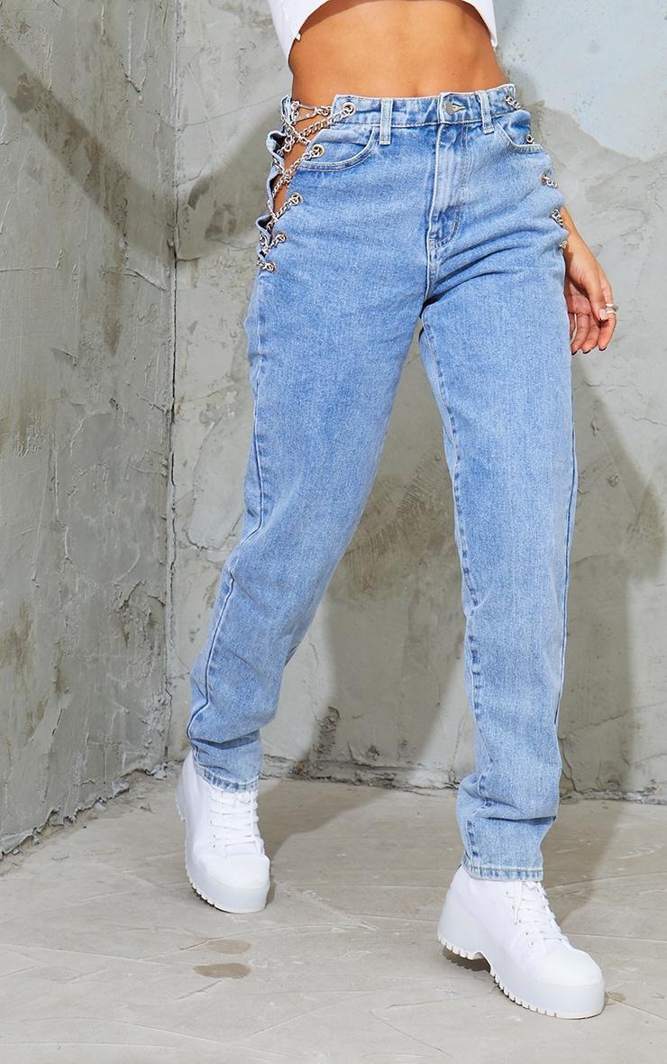 Vintage Wash Chain Waist Detail Mom Jeans Product Image