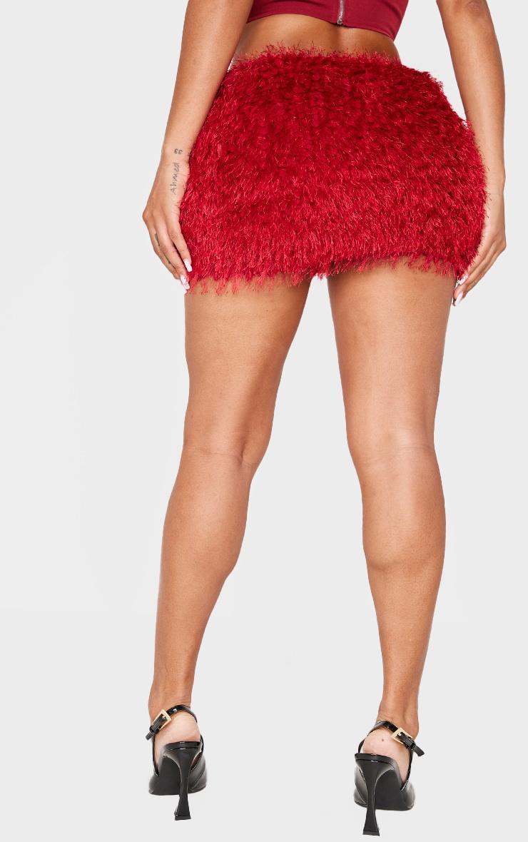 Shape Burgundy Low Rise Faux Feather Tassel Mini Skirt Product Image