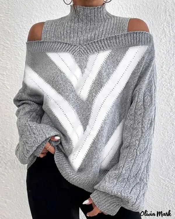 Olivia Mark – Herringbone Off Shoulder Lantern Sleeve Sweater Product Image