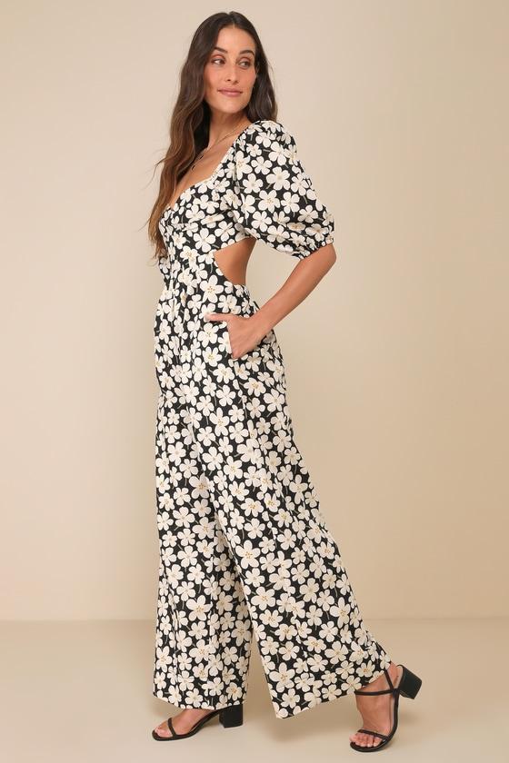 Favorable Sweetness Black Floral Backless Puff Sleeve Jumpsuit Product Image