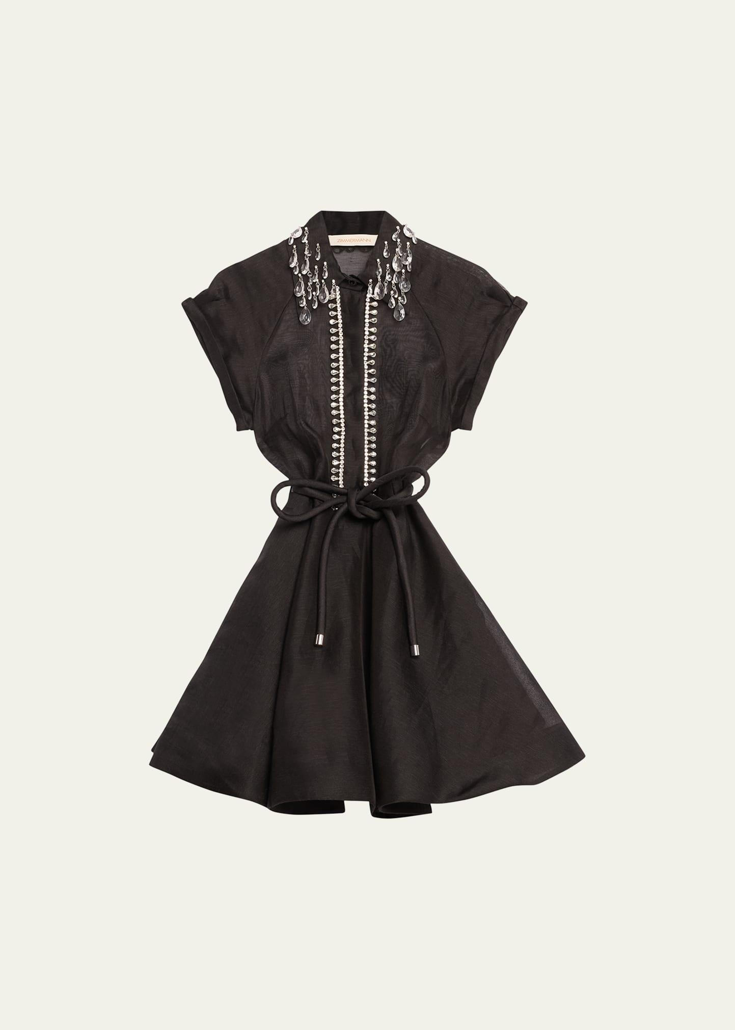 Zimmermann Matchmaker Crystal Embellished Belted Linen & Silk Organza Minidress Product Image