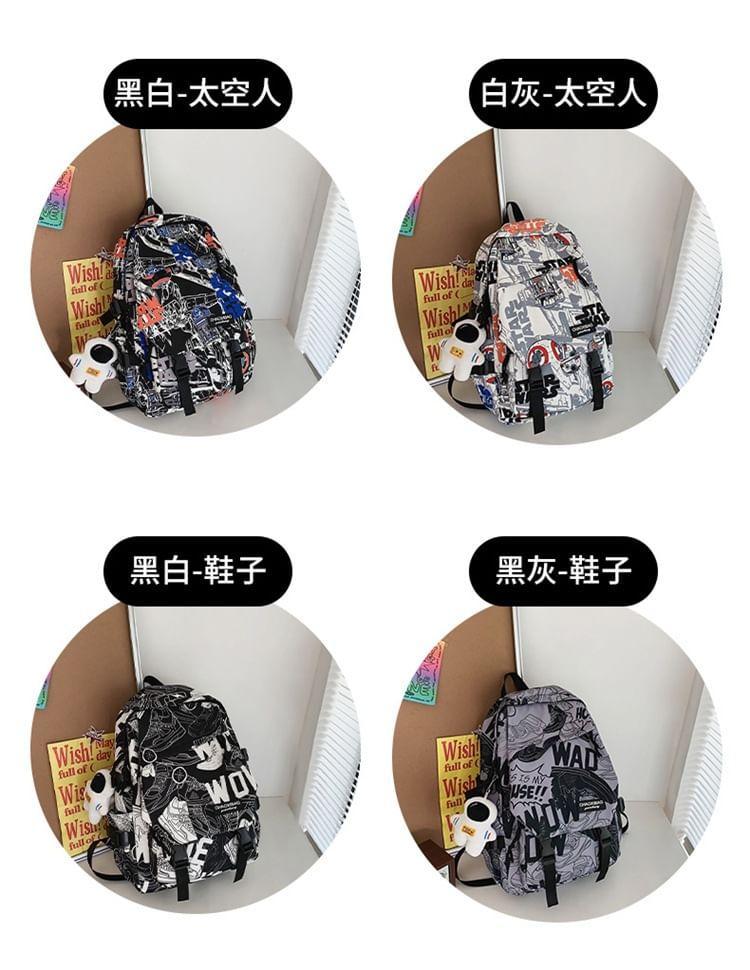 Graphic Print Buckled Nylon Backpack / Bag Charm / Set Product Image