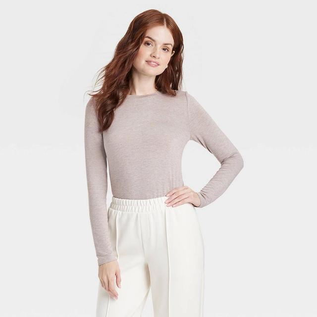 Womens Long Sleeve Brushed Knit T-Shirt - A New Day Beige M Product Image