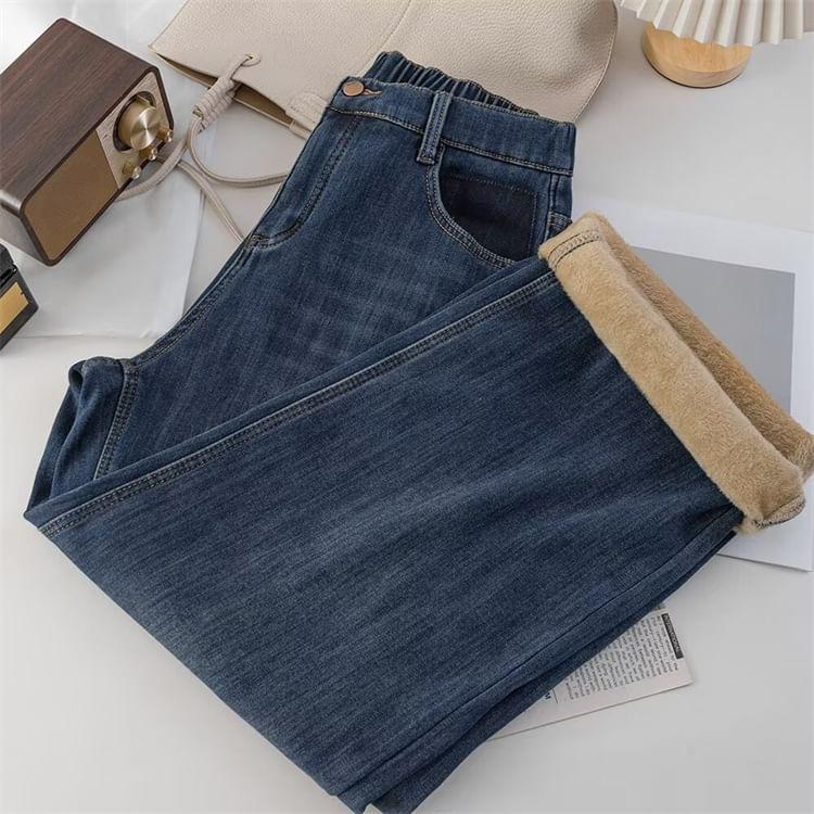 Plus Size Elastic Waist Applique Fleece-Lined Washed Wide Leg Jeans (Various Designs) Product Image