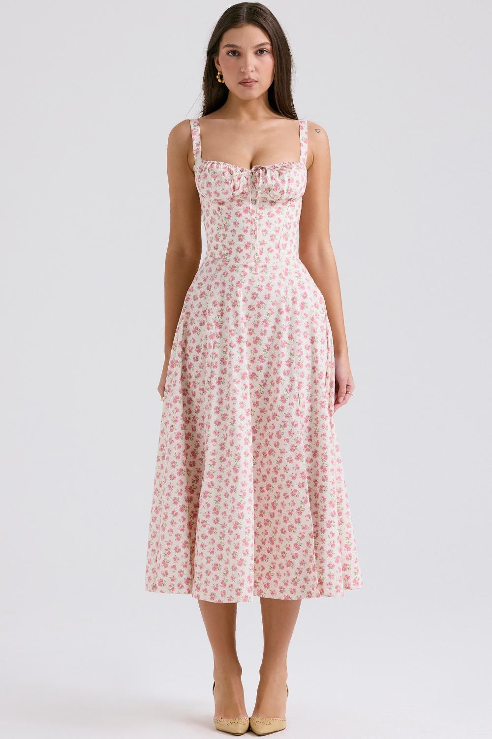 Carmen White Rosebud Print Cotton Bustier Sundress Product Image