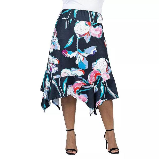 Plus Size24Seven Comfort Apparel Floral Knee Length Handkerchief Hemline Skirt, Womens Product Image