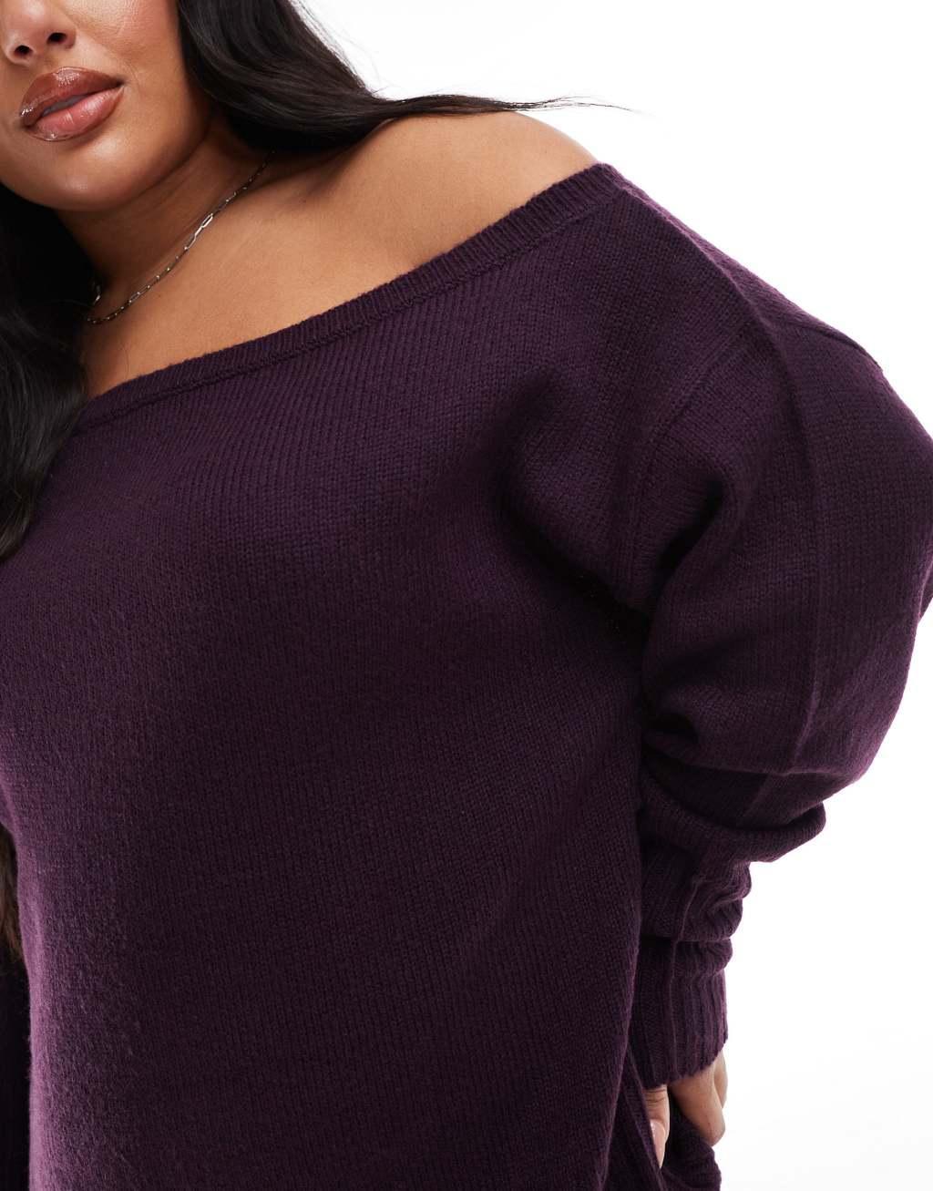 Yours off shoulder bardot sweater in burgundy Product Image