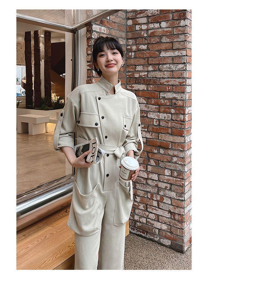 Long-Sleeve Collared Plain Button Jumpsuit Product Image