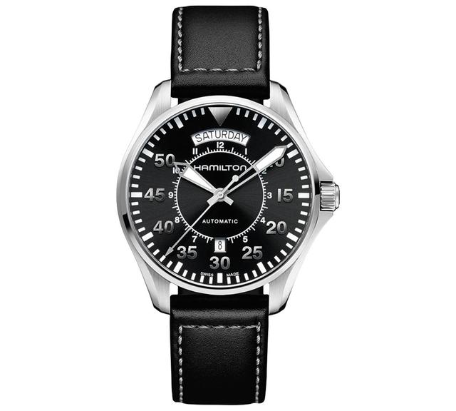 Hamilton Mens Swiss Automatic Khaki Pilot Black Leather Strap Watch 42mm Product Image