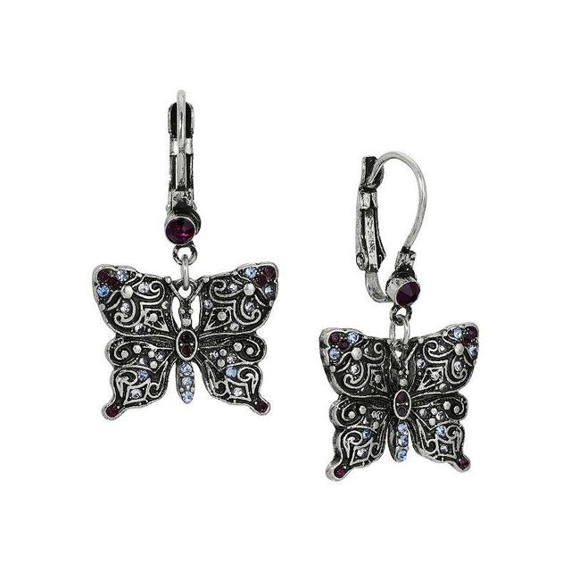 1928 Silver-Tone Multicolored Stone Butterfly Drop Earrings, Womens Product Image