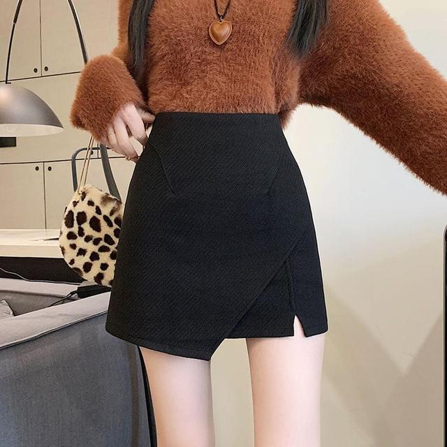 High Rise Plain Asymmetrical Panel Slit Mini A-Line Skirt Product Image