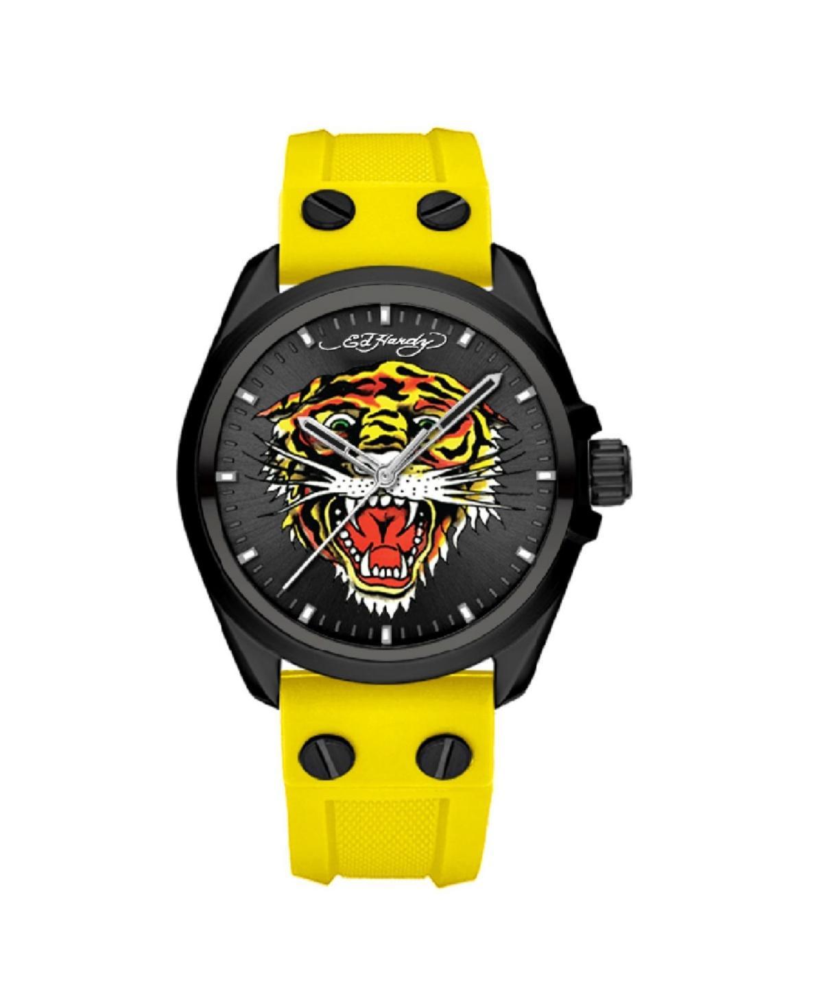 Ed Hardy Mens Matte Yellow Silicone Strap Watch 46mm - Black Sunray, Matte Yellow Product Image