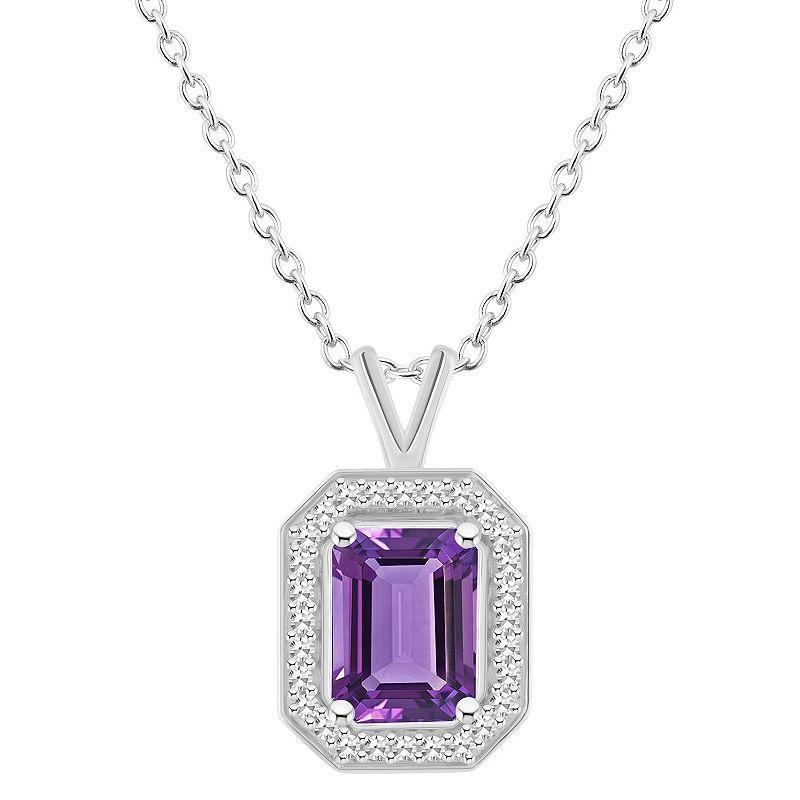 Celebration Gems Sterling Silver Emerald Cut Gemstone & 1/8 Carat T.W. Diamond Halo Pendant Necklace, Womens Purple Product Image