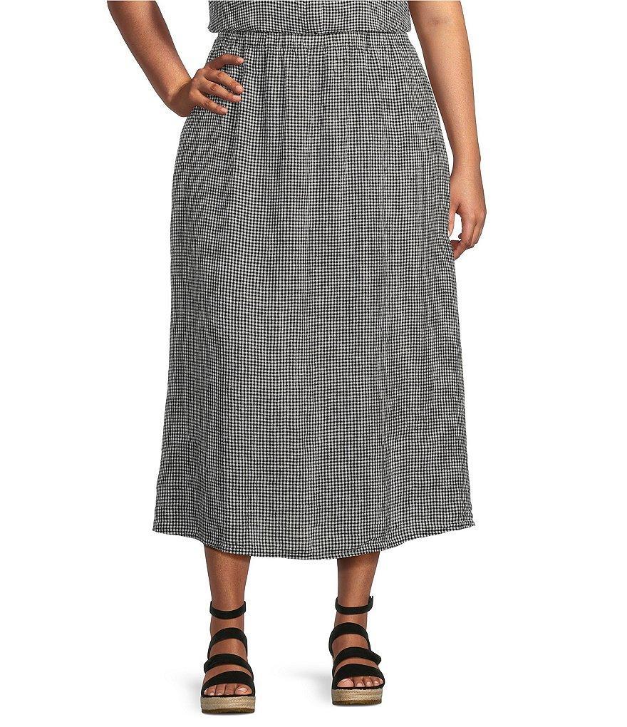 Eileen Fisher Plus Size Puckered Check Organic Linen Elastic Waist A-Line Gathered Midi Skirt Product Image