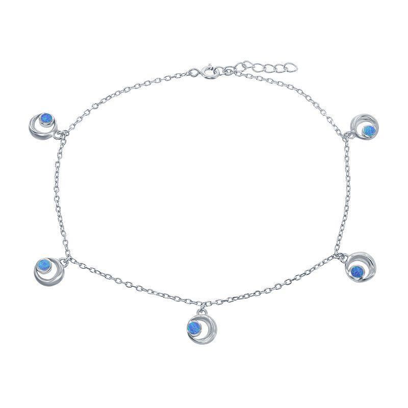 Sterling Silver & Lab-Created Blue Opal Crescent Moon Anklet, Womens Product Image