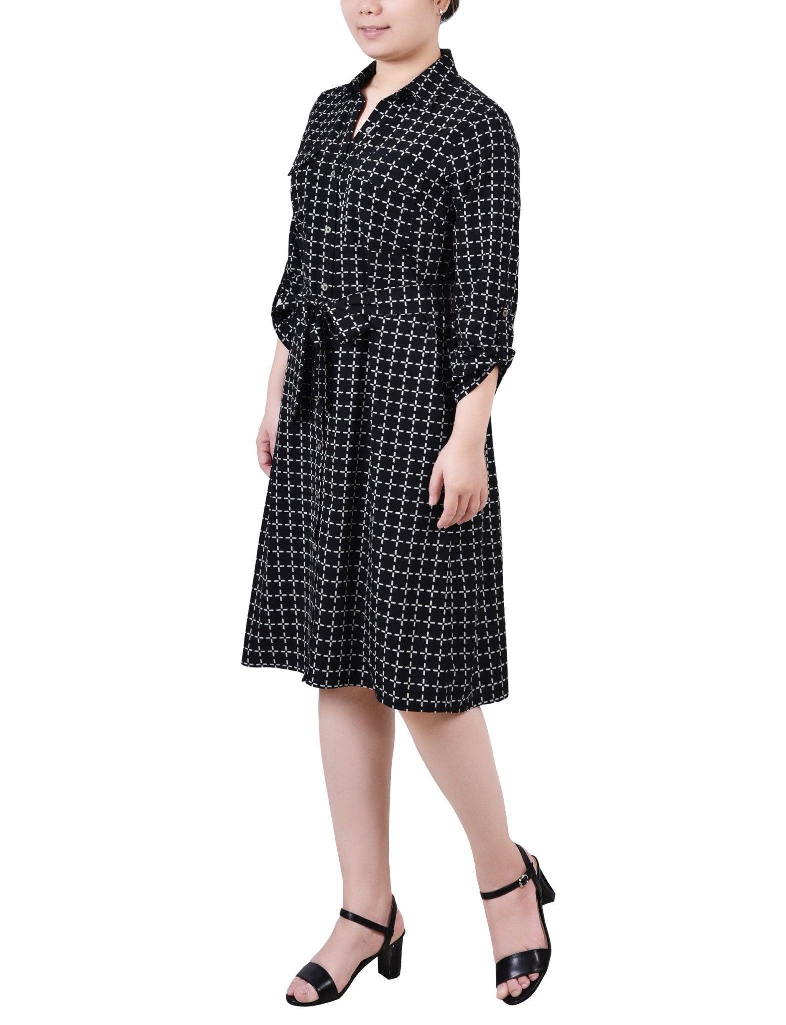 3/4 Roll Tab Sleeve Belted Shirtdress - Petite Product Image