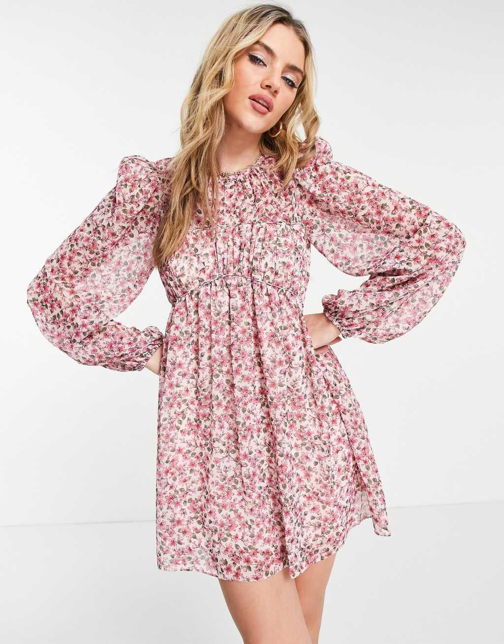 Ever New pintuck blouson sleeve ruched mini dress Product Image