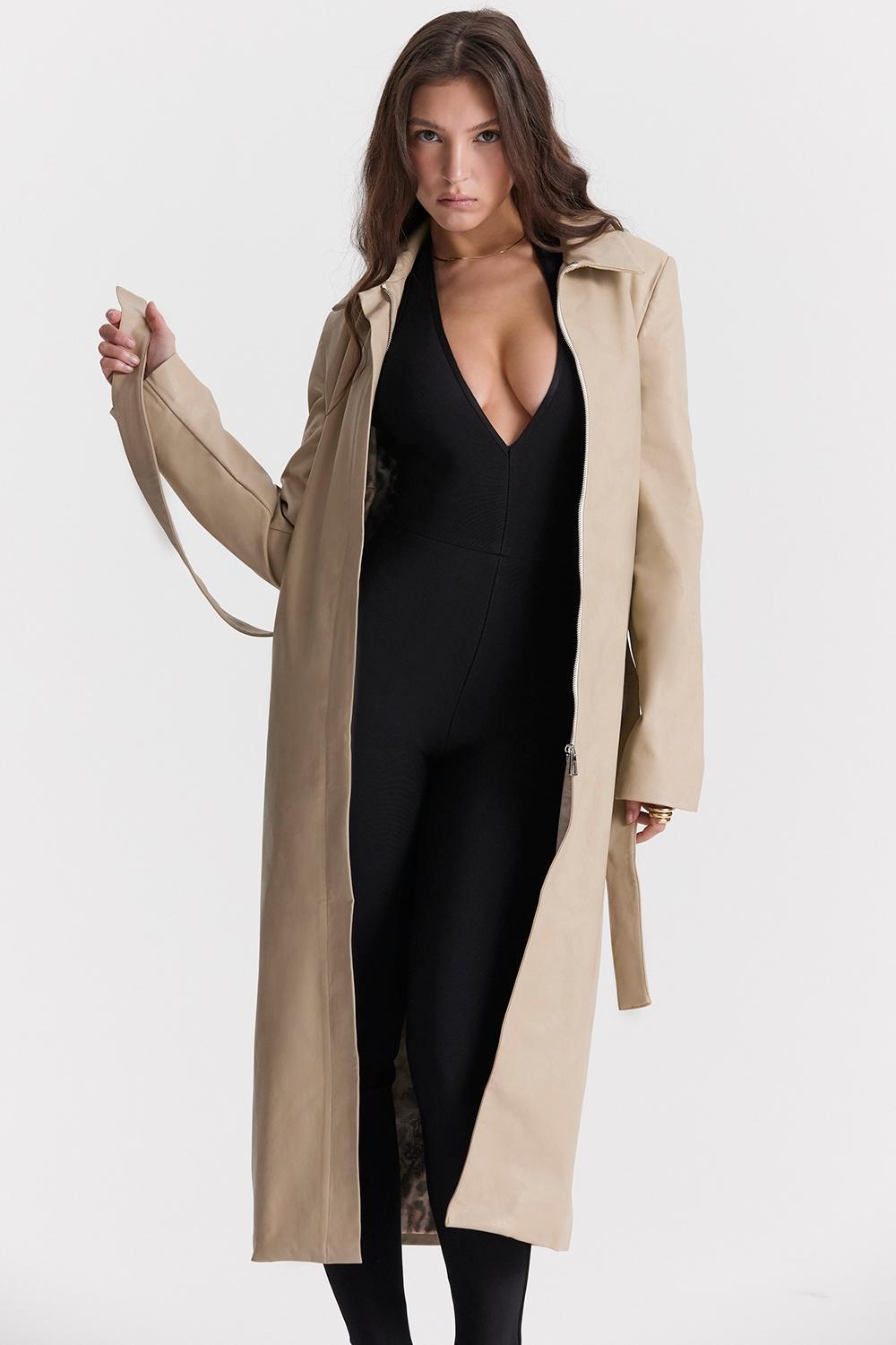 Ariel Beige Vegan Leather Trench Coat Product Image