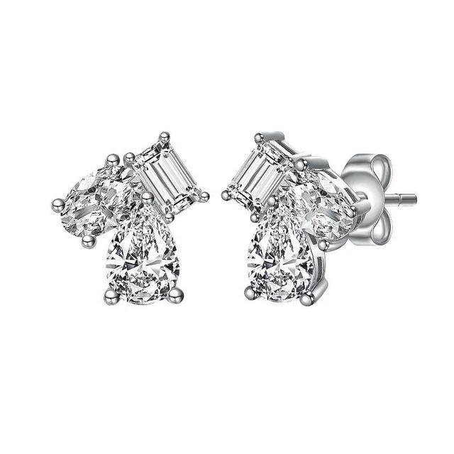 Cubic Zirconia Three-Stone Cluster Stud Earrings, Womens, Sterling Product Image