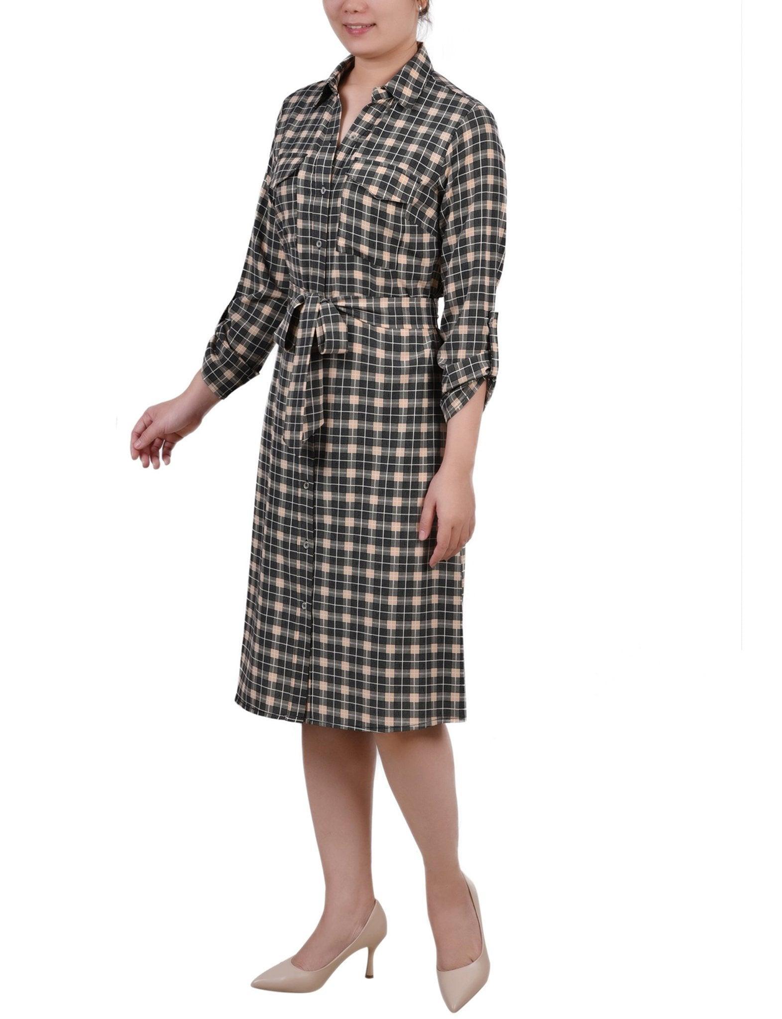 3/4 Length Roll Tab Sleeve Belted Shirtdress - Petite Product Image