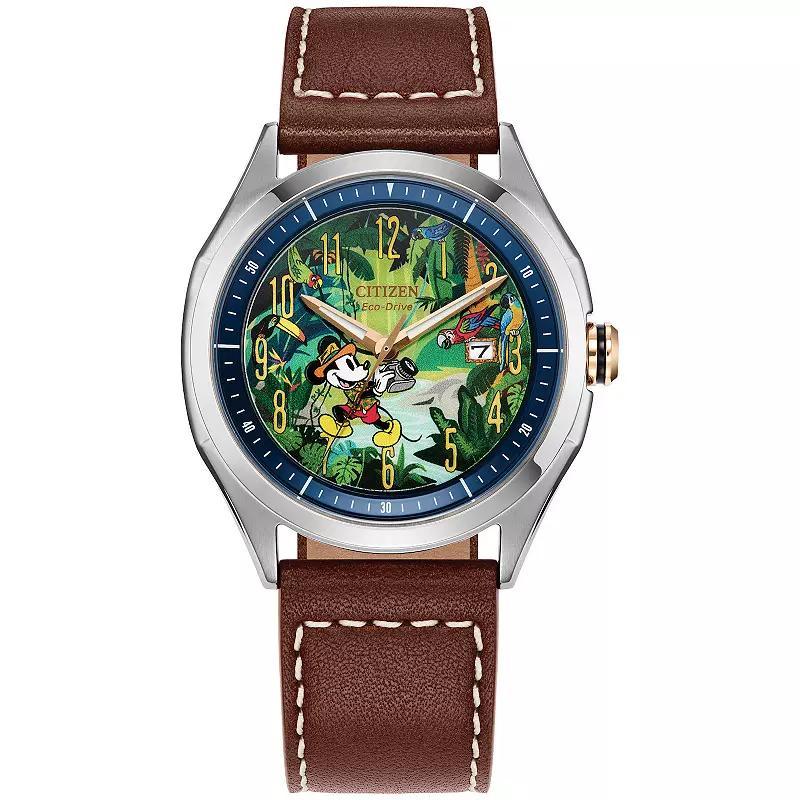 Disneys Mickey Mouse Explorer Citizen Mens Eco-Drive Stainless Steel Brown Leather Strap Watch - AW1149-06W Product Image