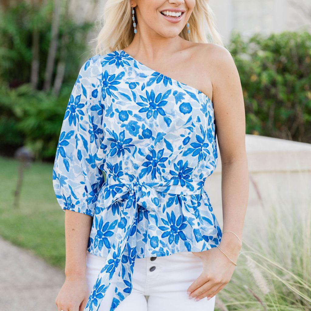 Out Of The Blue One Shoulder Blue Printed Blouse FINAL SALE Product Image