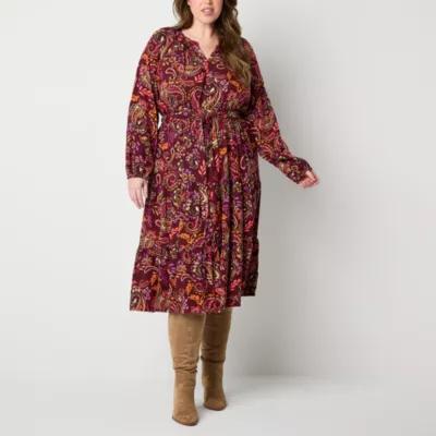 St. John's Bay Womens Long Sleeve Midi A-Line Dress Plus Product Image