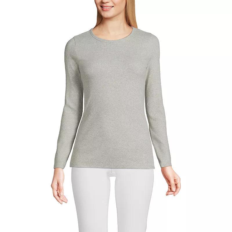 Petite Lands End Long Sleeve Micro Rib Crewneck T-Shirt, Womens Product Image